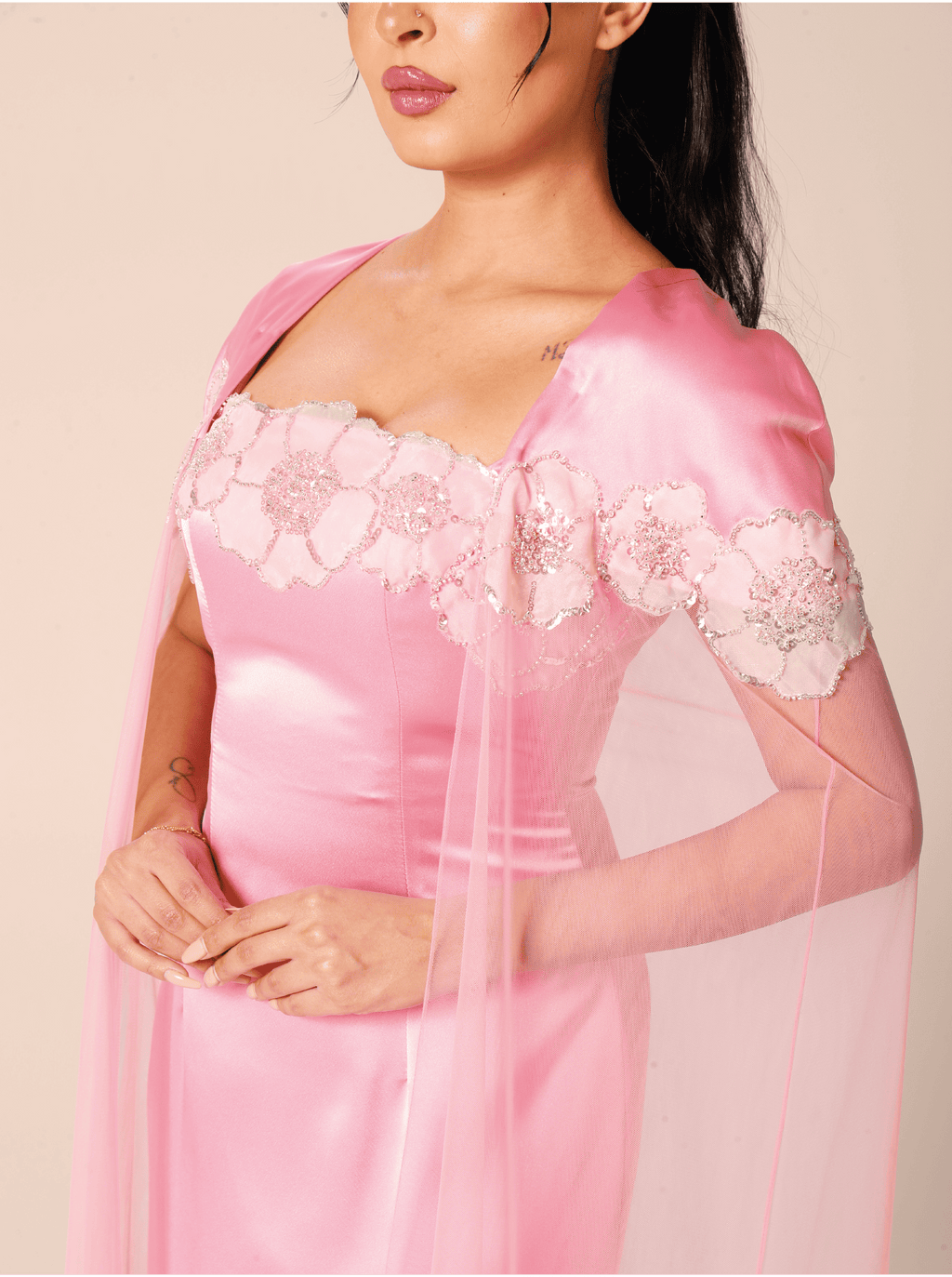 The Blush Veil Silk and Net Evening Dress
