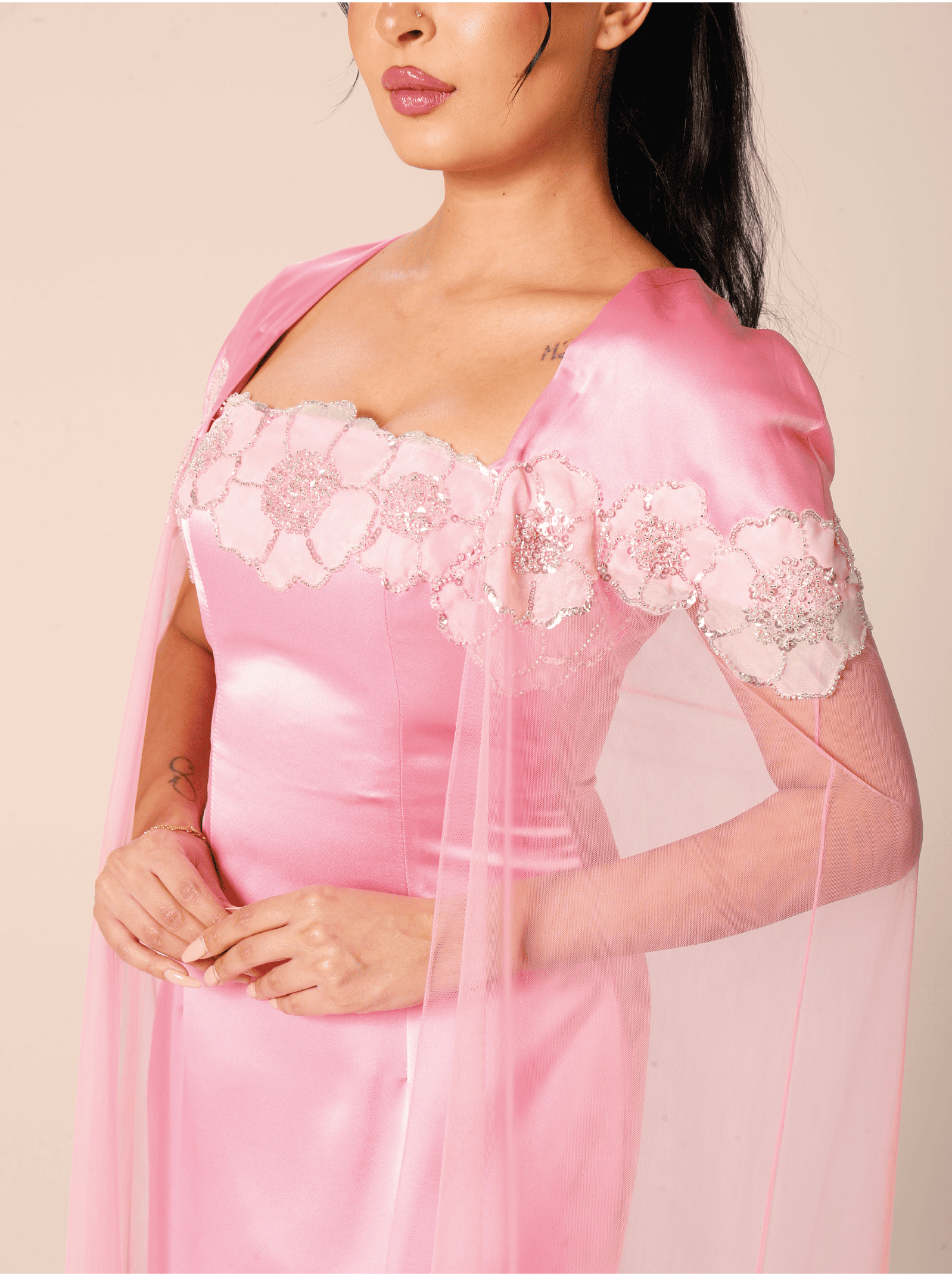 The Blush Veil Silk and Net Evening Dress